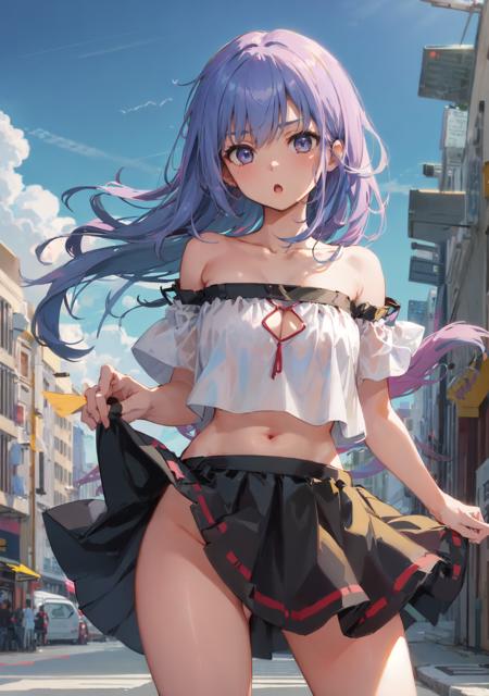 20230428155816 None best quality, outdoors, street, 1girl, delinquent, loose clothes, bare shoulders, collarbone, strapless, midriff, probably no pa.png